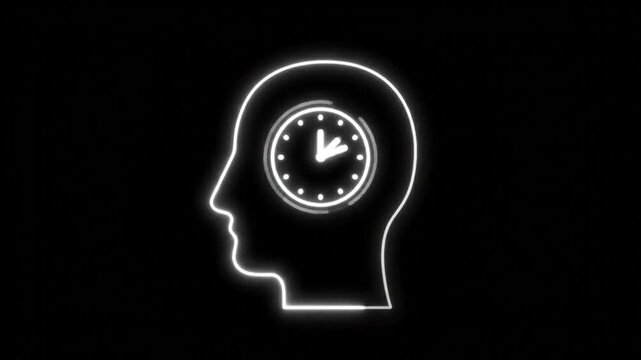Time Management Concept with Animated Clock Inside Human Head in Neon Outline, Creative Illustration