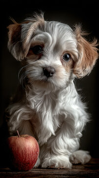 Adorable puppy with fluffy white fur and brown ears sitting beside red apple, soft lighting, cute and innocent expression