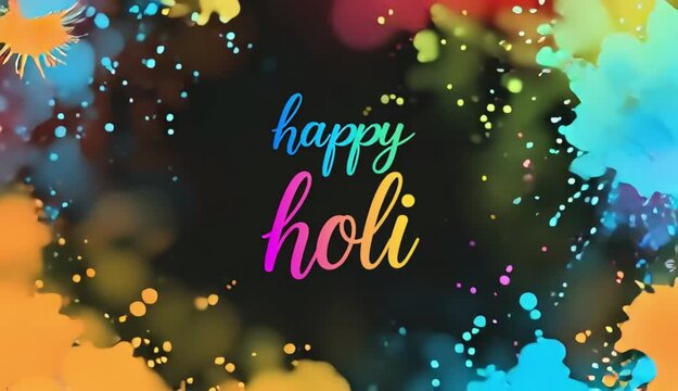 HAPPY HOLI colorful vector monoline calligraphy banner on black background with colorful bokeh