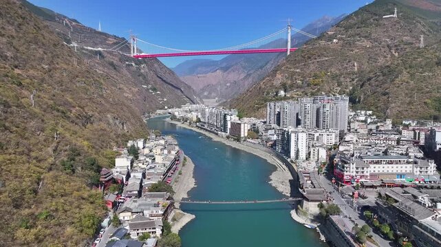 Aerial view of Xingkang Bridge Luding Yaye Expressway Bridge and Luding Bridge