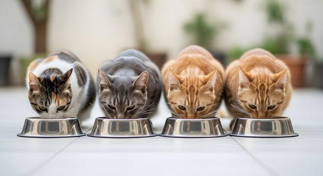 Four Cats Eating from Bowls on a Tiled Surface Outdoors in Natural Light