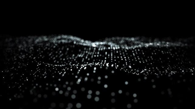 Cinematic monochrome digital particle wave motion background for futuristic business, technology, and big data visualization.