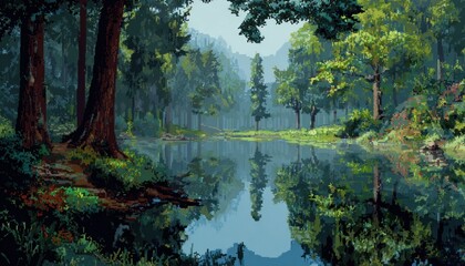 \nPixelated forest lake scene