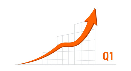 Q1 Quarterly Growth Chart: Dynamic Orange Upward Arrow Demonstrating Business Success, Financial Gain, and Market Trend Increase.