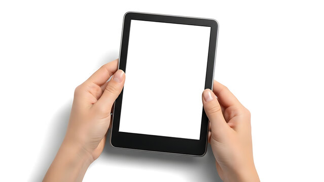 Female hands holding black digital tablet or e-reader device with blank white screen mockup for website or application design presentation on white background