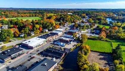 Fototapeta premium Aerial view of a small town nestled by a river, showcasing colorful autumn foliage. Buildings line the main street, embraced by natural surroundings