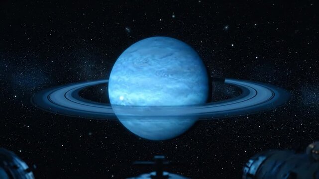 Epic cinematic view of a giant blue planet with rings orbiting in deep space from a spacecraft window