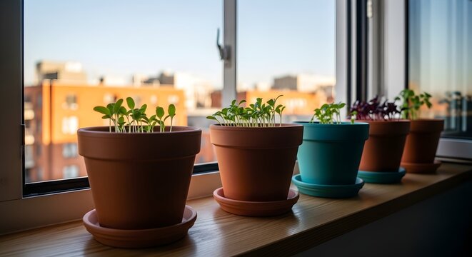 Growing Seedlings in Pots on Window Sill, Nurturing New Plants with Sunlight