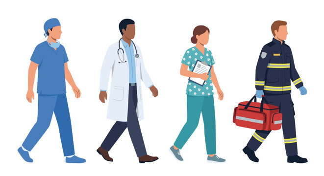Medical team and first responders walking vector illustration