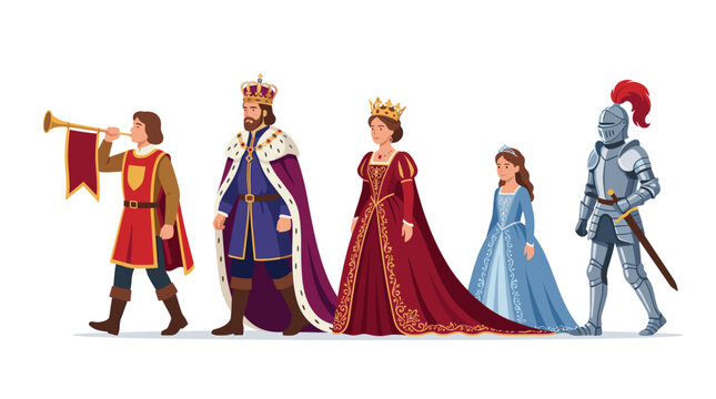 Medieval royal family and knight walking vector illustration