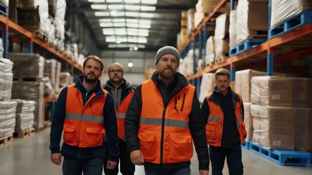 Engineer team walks through warehouse examining inventory and discussing logistics during work hours in a collaborative environment