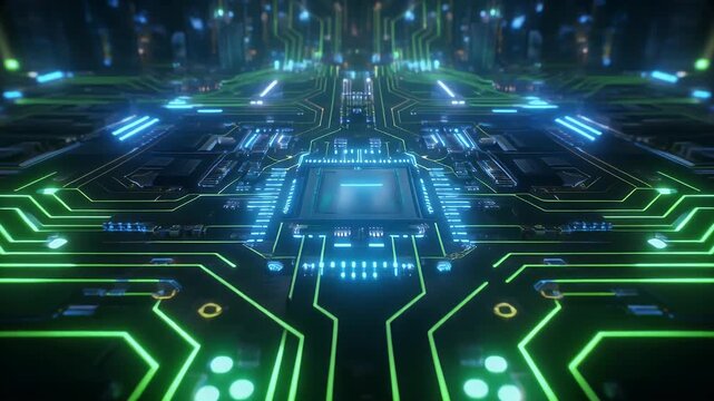 A close-up view of a vibrant circuit board illuminated with neon green and blue lights, with a central processor. The layout suggests advanced technology