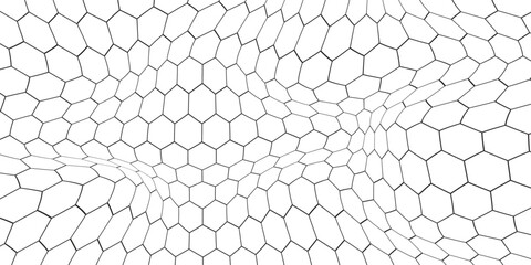 Fishing or soccer net. Repeated hexagon pattern. Black wired mesh texture isolated on white background. Metallic or fabric fence, cage or lattice structure. Vector graphic Illustration. © Musrifah