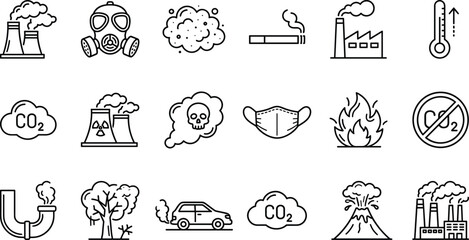 “Pollution and CO2 emission icon set, environmental hazard symbols, air quality contamination graphics, climate change and toxic smoke vector collection” © AstroDesigns
