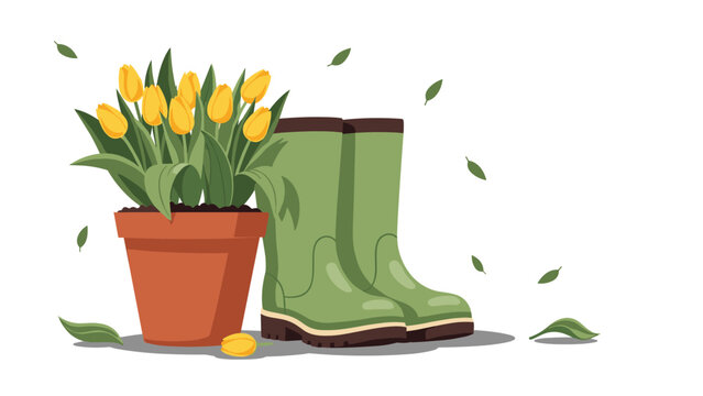 Terracotta pot filled with yellow tulips next to a pair of green rubber boots with falling leaves in the breeze for a spring gardening theme.