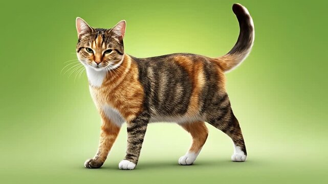 A full-body view of a cat standing on a green surface in a studio environment.