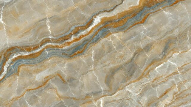 A close-up view presents a flowing, abstract design in shades of beige, gold, gray, and hints of blue. Veins meander, creating a textured surface