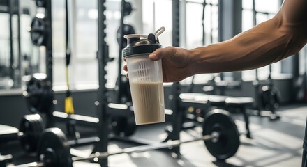 Fototapeta premium A Person Holds a Protein Shake at The Gym for Bodybuilding and Fitness Training