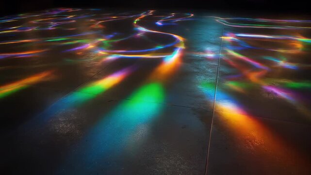 A dimly lit space with a dark, tiled floor reflecting bright, colorful light streaks, creating an abstract, dynamic pattern