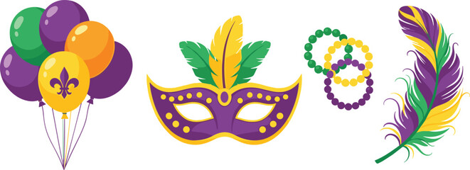 Vibrant Mardi Gras festival typography featuring a green masquerade mask with purple feathers and a decorative fleur de lis symbol isolated on white background © Ajmira