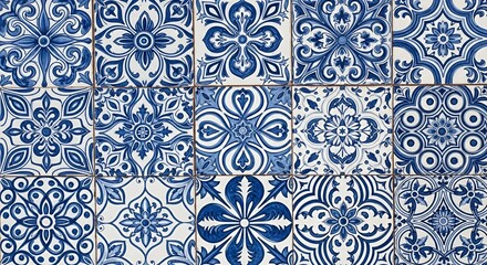 Blue and White Ceramic Tiles Pattern Photography, Intricate Floral Motifs, Decorative Surface Texture, Interior Design Element, Mediterranean Style