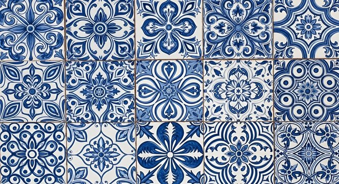 Blue and White Ceramic Tiles Pattern Photography, Intricate Floral Motifs, Decorative Surface Texture, Interior Design Element, Mediterranean Style