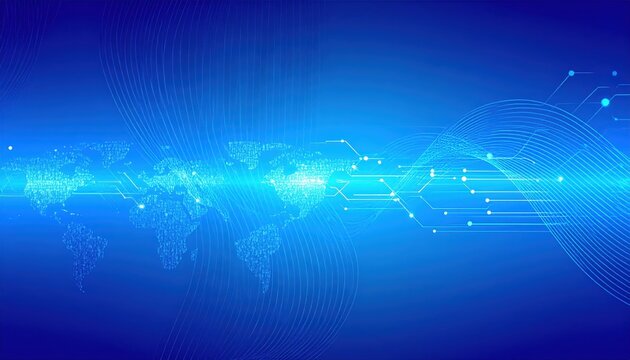 Abstract tech background with world map and connecting lines global data network visualizes interconnected digital communication