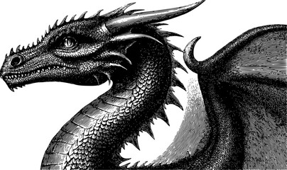 Obraz premium Detailed vector illustration of a majestic dragon in profile, featuring a long curved neck and a visible wing.