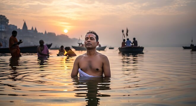 Man bathing in river at sunrise with boats