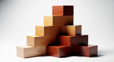 Fototapeta premium Polished wooden blocks arranged in a perfect, stable, ascending structure, symbolizing dedication, patient progress, and assured, quiet achievement, progress, wood, smooth