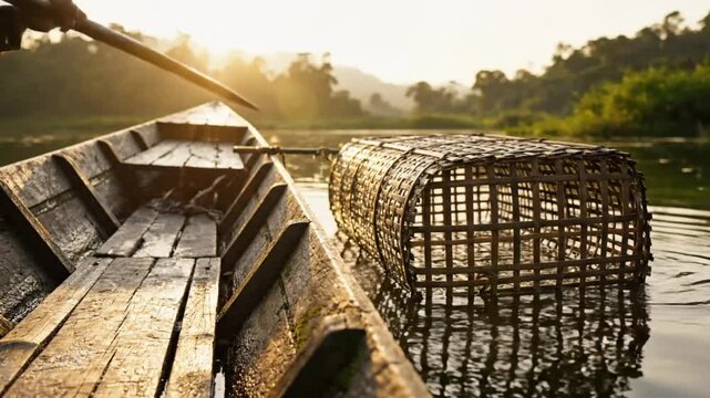 Wooden fishing boat with a bamboo fish trap floating in a tranquil river during the golden hour of sunrise