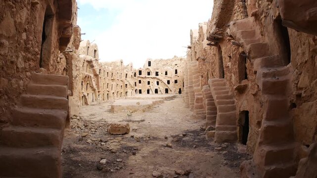 Panorama: Ancient Ksar Mrabtine in southern Tunisia, featuring traditional Berber mudbrick granaries and arched storage rooms, showcasing Saharan architecture, history, and cultural heritage