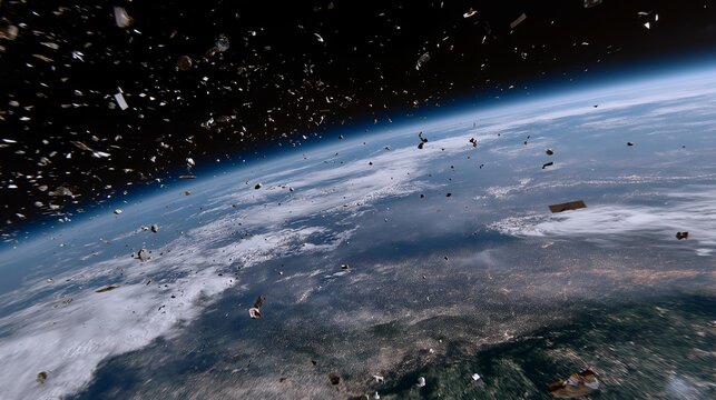 An educational poster featuring space junk orbiting Earth illustrates the scale of debris and its potential hazards, aiming to inform the public and policymakers about the importance of debris