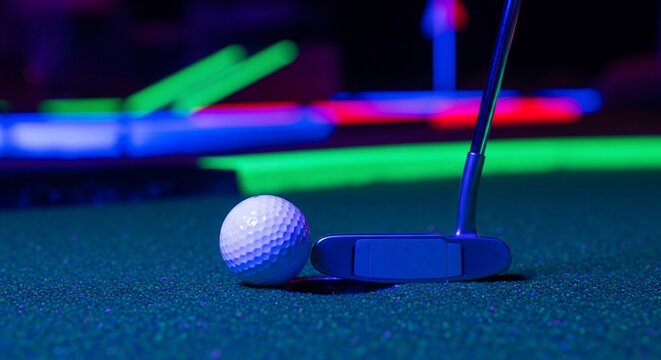 Close-up of a golf ball and putter on a glowing mini-golf course.