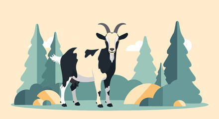 Fototapeta premium Stylized goat stands in a simplified forest landscape with a light background
