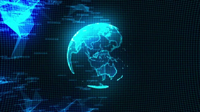 Futuristic digital globe hologram rotating in dark space with glowing blue grid lines and data streams representing global network and artificial intelligence with abstract plexus