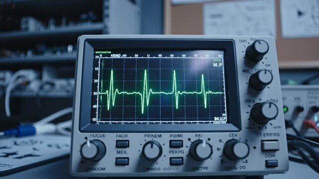 Oscilloscope Displaying an ECG or Similar Waveform Signal in a Research Laboratory Setting
