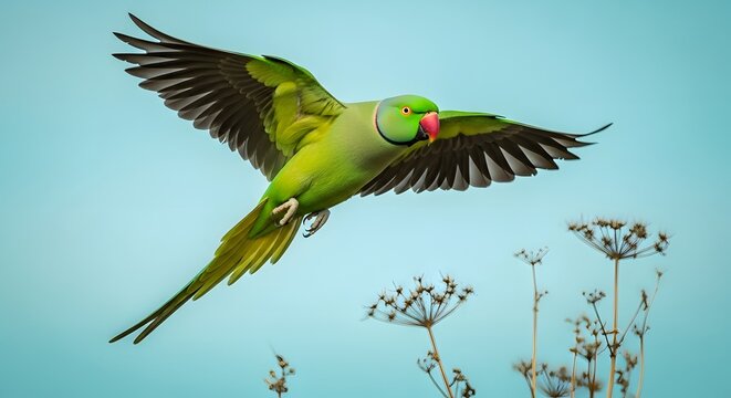 A side profile of a brilliant green Indian Ringneck parrot captured in flight against a clean, bright blue sky, with delicate dried flowers in the foreground.