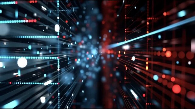 Tech war competition trade technology economic global. Abstract digital light trails in red and blue colors.