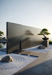 Fototapeta premium Sleek anthracite sliding barrier integrated perfectly into modern minimalist zen landscape architecture, emphasizing open space and peaceful evening light, steel, landscape, dark