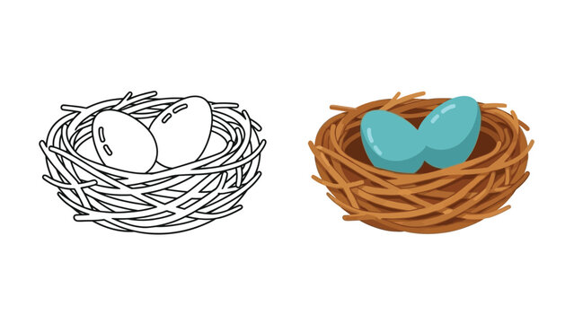 Dual depiction of a small birds nest showcasing both a black and white outline version and a colored illustration with two robin blue eggs resting securely inside