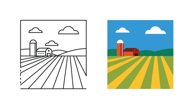 Comparison illustrating the transformation from a simple black and white line art icon of a farm landscape to a vibrant colored flat design illustration of the same scene