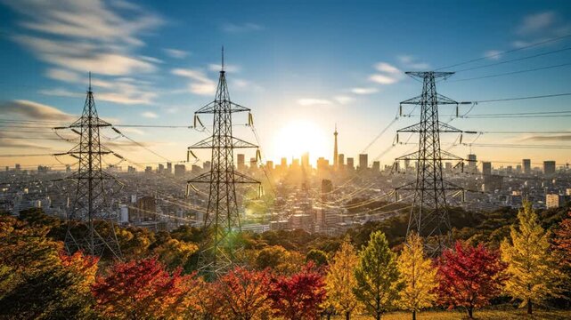 Time lapse captures Tokyo skyline at sunrise with electric towers in fall landscape