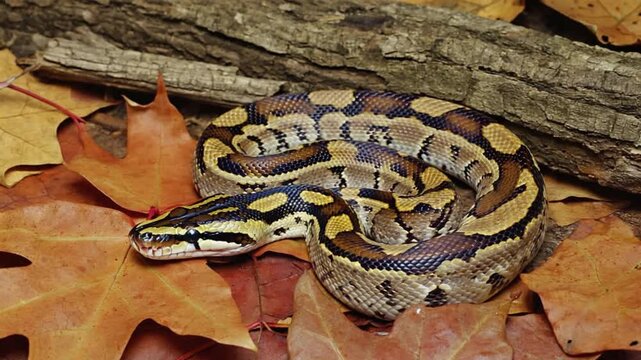 Coiled python snake resting on autumn leaves in forest