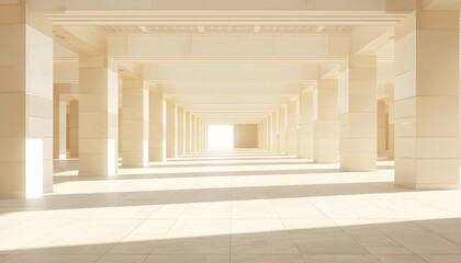 Fototapeta premium Minimalist modern corridor with repeating pillars, soft warm light, futuristic architecture..