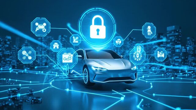 Futuristic car with glowing blue security lock and icons floating above