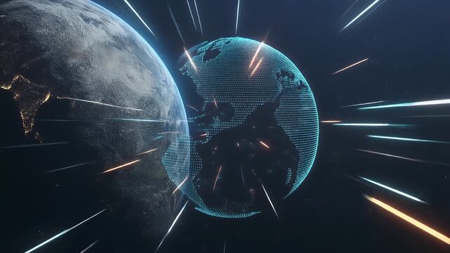 A digital representation shows a planet with a pointillist globe in front. Streams of light burst across the dark cosmos