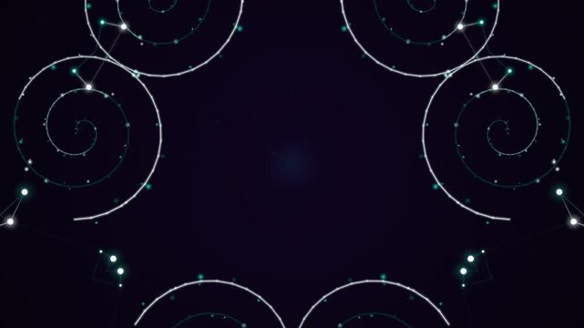 Abstract circular spirals and glowing curves forming a decorative geometric composition in a dark, futuristic design.
