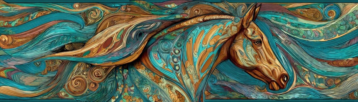 A vibrant, artistic depiction of a horse surrounded by flowing patterns, showcasing intricate designs and bold colors.