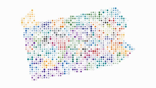 Pennsylvania animated shape. Pulsating colored dots on the map of the state. Small size circle blocks. Digital style Pennsylvania map on white background. Amazing animation video.